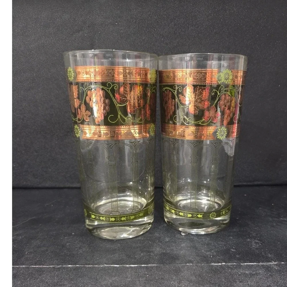 Cera Green & Golden Grapes Highball Glasses, Set of 2, Vintage Tumblers, Barware
